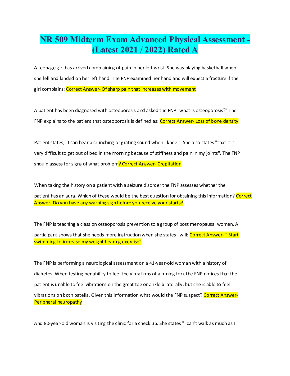 Preview image for NR 509 Midterm Exam Advanced Physical Assessment - (Latest 2021 / 2022) Rated A